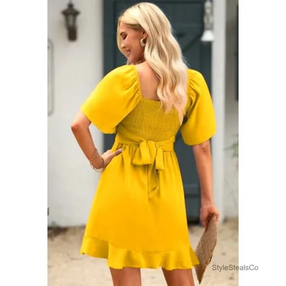 Wrap V-Neck Mini Dress with Flared Sleeves, Elastic Waist, and Belt - Picture 4 of 7